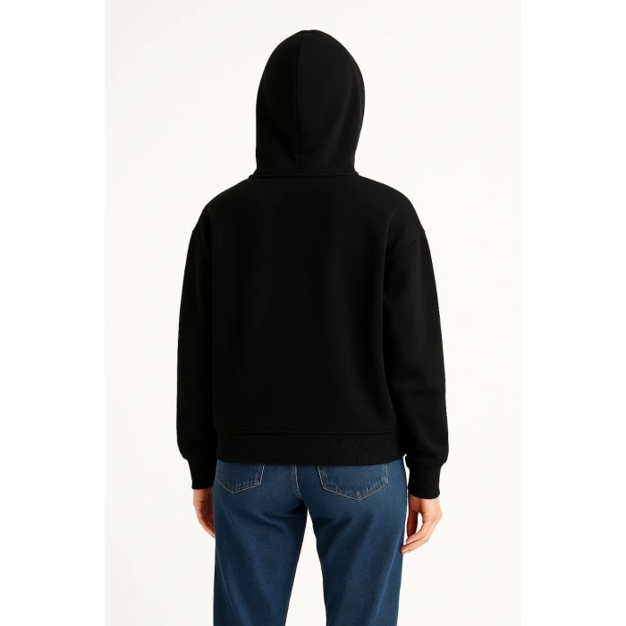 Kadın Samuray Ninja Çift Kapüşonlu Maske Detaylı Fermuarlı Kanguru Cepli Hoodie - Siyah