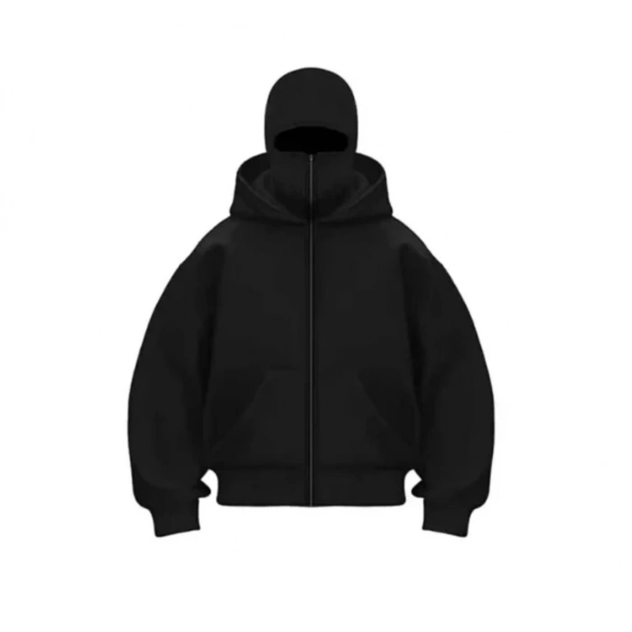 Kadın Samuray Ninja Çift Kapüşonlu Maske Detaylı Fermuarlı Kanguru Cepli Hoodie - Siyah