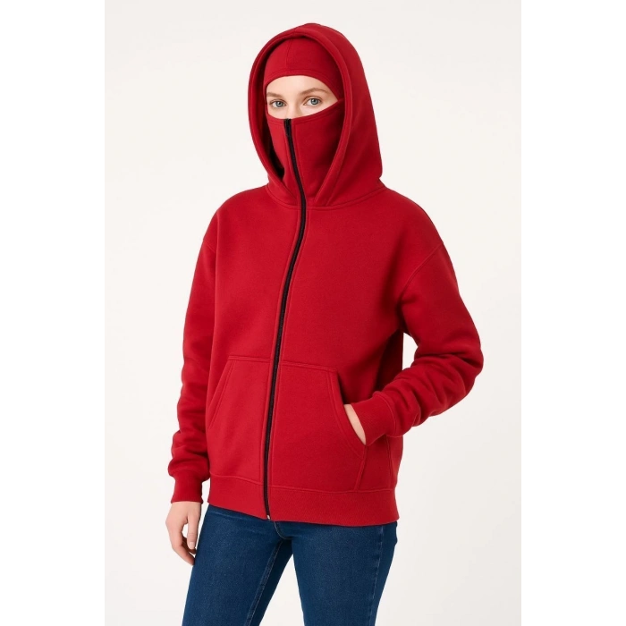Kadın Samuray Ninja Çift Kapüşonlu Maske Detaylı Fermuarlı Kanguru Cepli Hoodie - Kırmızı
