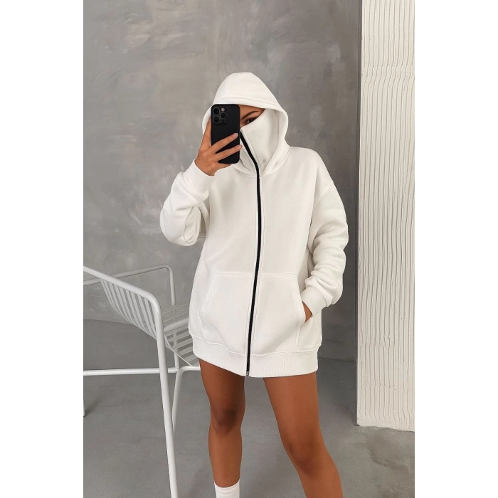 Kadın Samuray Ninja Çift Kapüşonlu Maske Detaylı Fermuarlı Kanguru Cepli Hoodie - Beyaz