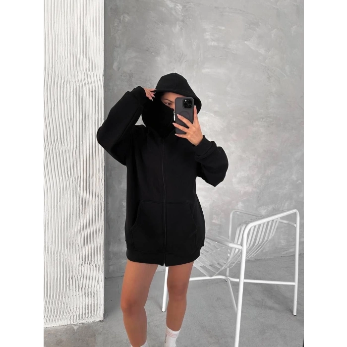 Kadın Samuray Ninja Çift Kapüşonlu Maske Detaylı Fermuarlı Kanguru Cepli Hoodie - Siyah