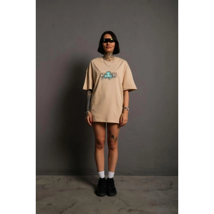 Kadın Sırt Baskılı T-shirt - Bej