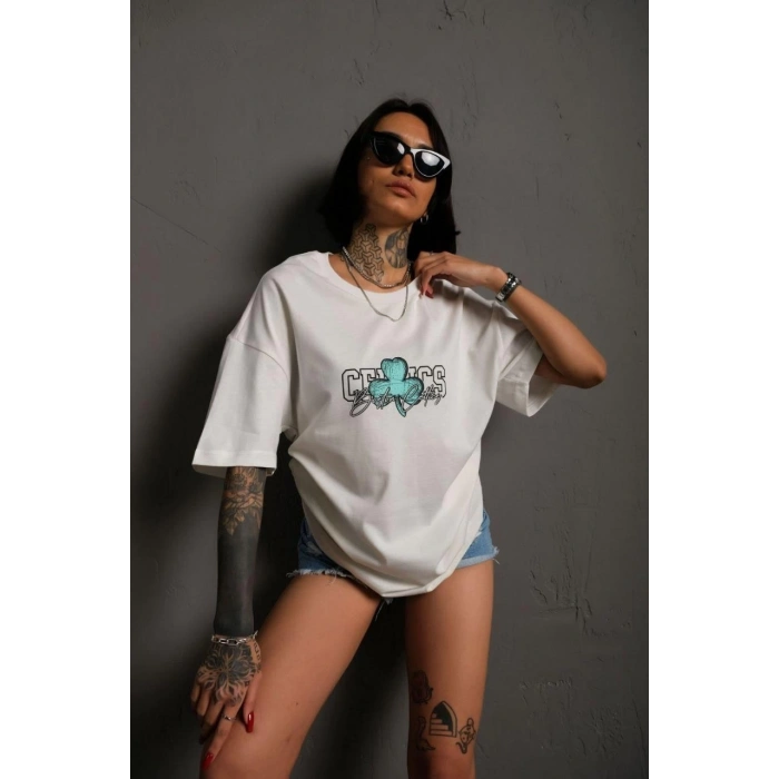 Kadın Sırt Baskılı T-shirt - Beyaz