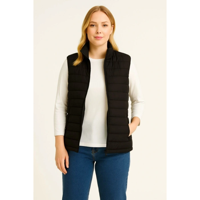 Kadın Şişme Fermuarlı Yelek Su itici Kapitone Astarlı Kumaş Cepli Hafif Kışlık Spor Rahat Kalıp - Siyah