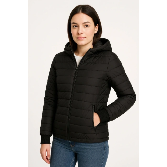 KADIN ŞİŞME KAPÜŞONLU FERMUARLI MONT SU İTİCİ KAPİTONE ASTARLI KUMAŞ CEPLİ KIŞLIK RAHAT KALIP - SİYAH