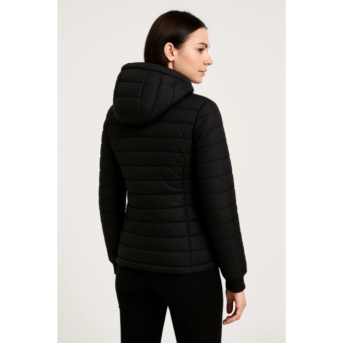 KADIN ŞİŞME KAPÜŞONLU FERMUARLI MONT SU İTİCİ KAPİTONE ASTARLI KUMAŞ CEPLİ KIŞLIK RAHAT KALIP - SİYAH