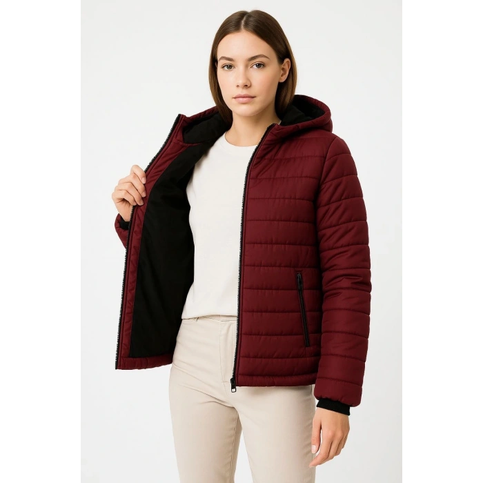 KADIN ŞİŞME KAPÜŞONLU FERMUARLI MONT SU İTİCİ KAPİTONE ASTARLI KUMAŞ CEPLİ KIŞLIK RAHAT KALIP - BORDO