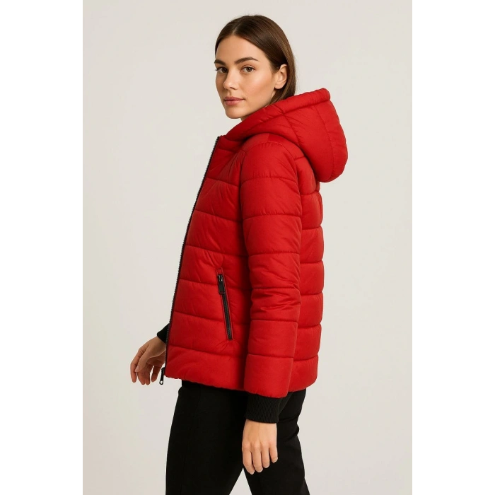 KADIN ŞİŞME KAPÜŞONLU FERMUARLI MONT SU İTİCİ KAPİTONE ASTARLI KUMAŞ CEPLİ KIŞLIK RAHAT KALIP - KIRMIZI