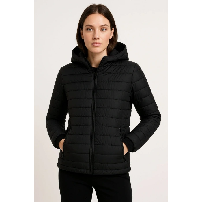 KADIN ŞİŞME KAPÜŞONLU FERMUARLI MONT SU İTİCİ KAPİTONE ASTARLI KUMAŞ CEPLİ KIŞLIK RAHAT KALIP - SİYAH