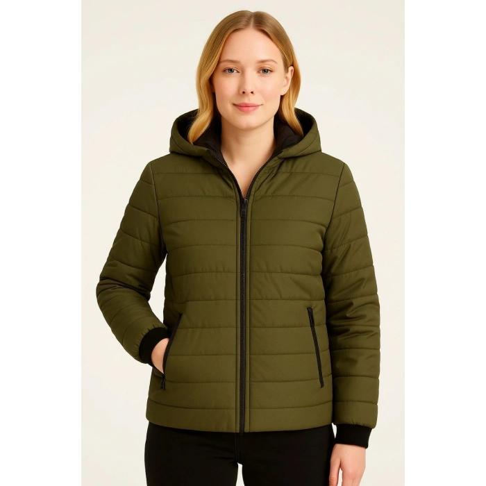 Kadın Şişme Kapüşonlu Fermuarlı Mont Su itici Kapitone Astarlı Kumaş Cepli Kışlık Rahat Kalıp - Haki