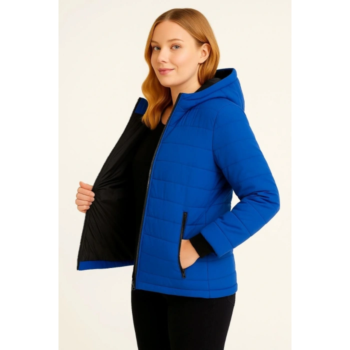 KADIN ŞİŞME KAPÜŞONLU FERMUARLI MONT SU İTİCİ KAPİTONE ASTARLI KUMAŞ CEPLİ KIŞLIK RAHAT KALIP - SAKS MAVİSİ