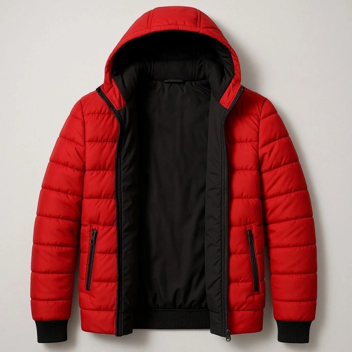 KADIN ŞİŞME KAPÜŞONLU FERMUARLI MONT SU İTİCİ KAPİTONE ASTARLI KUMAŞ CEPLİ KIŞLIK RAHAT KALIP - KIRMIZI