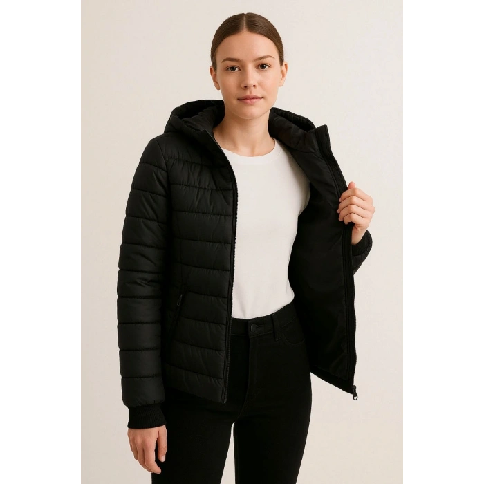 KADIN ŞİŞME KAPÜŞONLU FERMUARLI MONT SU İTİCİ KAPİTONE ASTARLI KUMAŞ CEPLİ KIŞLIK RAHAT KALIP - SİYAH