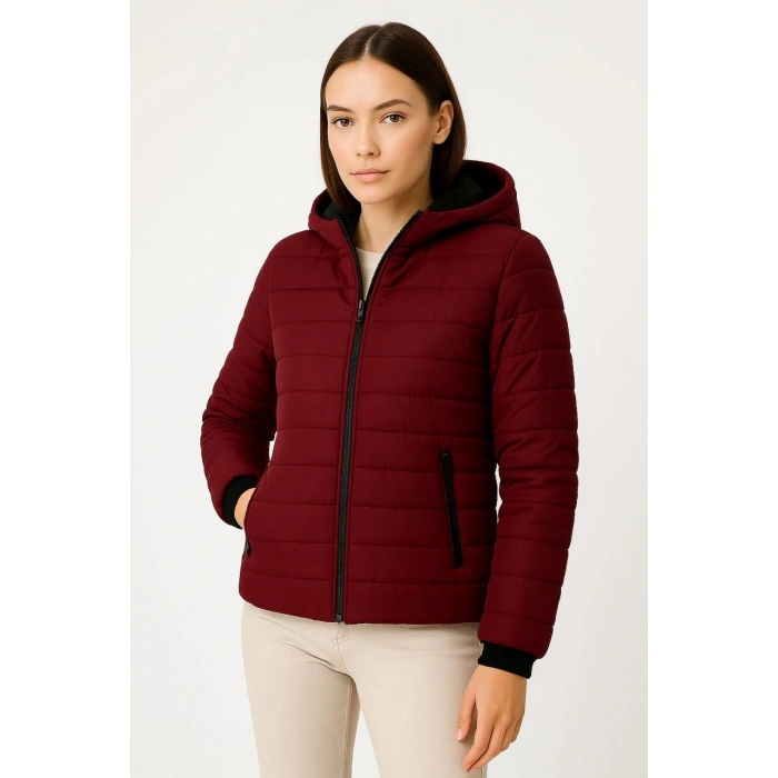 KADIN ŞİŞME KAPÜŞONLU FERMUARLI MONT SU İTİCİ KAPİTONE ASTARLI KUMAŞ CEPLİ KIŞLIK RAHAT KALIP - BORDO