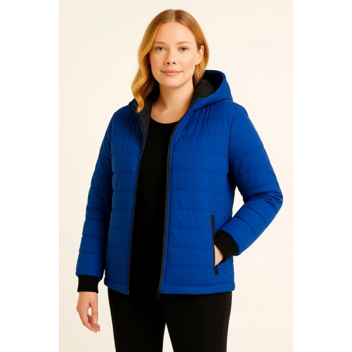 KADIN ŞİŞME KAPÜŞONLU FERMUARLI MONT SU İTİCİ KAPİTONE ASTARLI KUMAŞ CEPLİ KIŞLIK RAHAT KALIP - SAKS MAVİSİ