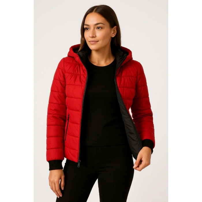 KADIN ŞİŞME KAPÜŞONLU FERMUARLI MONT SU İTİCİ KAPİTONE ASTARLI KUMAŞ CEPLİ KIŞLIK RAHAT KALIP - KIRMIZI