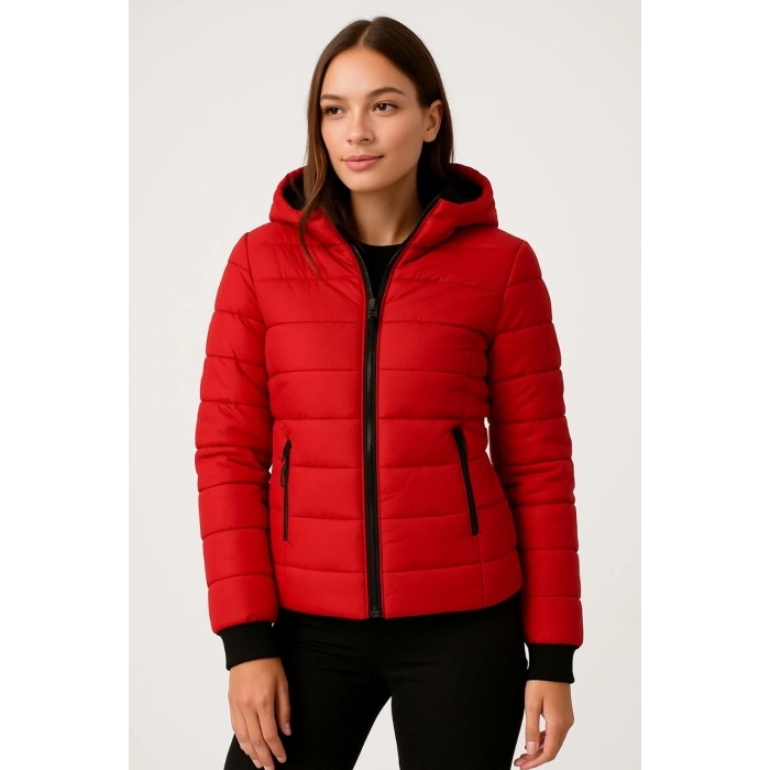 KADIN ŞİŞME KAPÜŞONLU FERMUARLI MONT SU İTİCİ KAPİTONE ASTARLI KUMAŞ CEPLİ KIŞLIK RAHAT KALIP - KIRMIZI