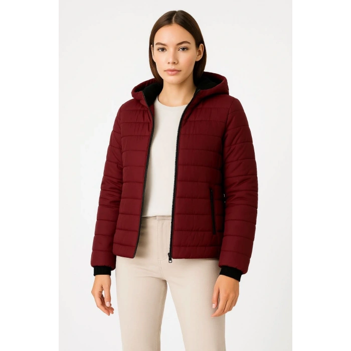 KADIN ŞİŞME KAPÜŞONLU FERMUARLI MONT SU İTİCİ KAPİTONE ASTARLI KUMAŞ CEPLİ KIŞLIK RAHAT KALIP - BORDO