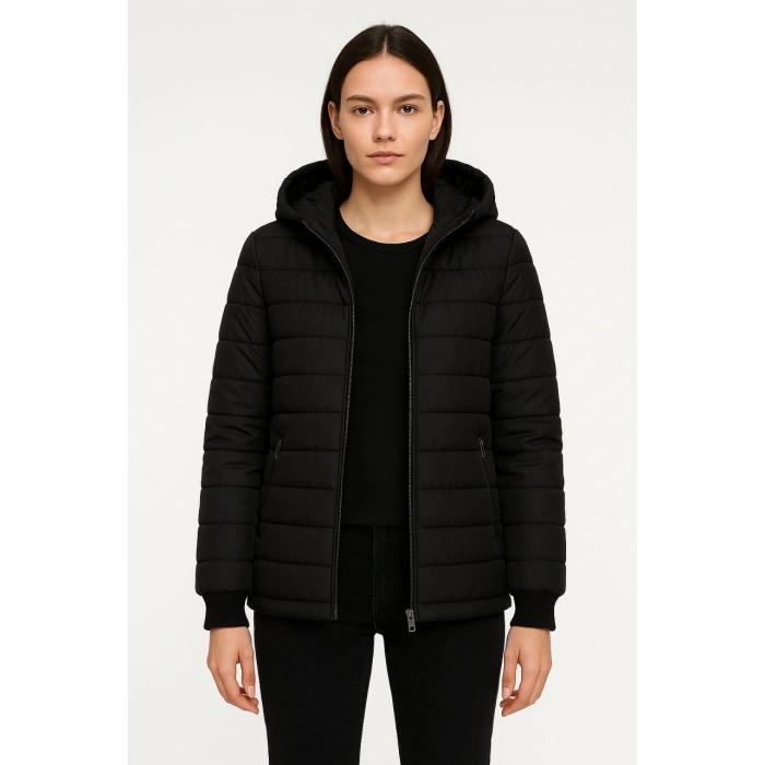 KADIN ŞİŞME KAPÜŞONLU FERMUARLI MONT SU İTİCİ KAPİTONE ASTARLI KUMAŞ CEPLİ KIŞLIK RAHAT KALIP - SİYAH