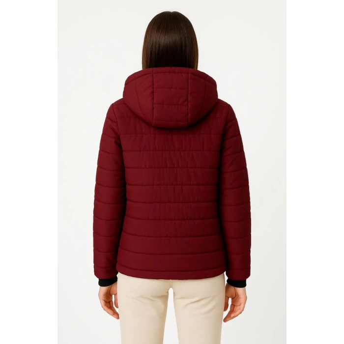 KADIN ŞİŞME KAPÜŞONLU FERMUARLI MONT SU İTİCİ KAPİTONE ASTARLI KUMAŞ CEPLİ KIŞLIK RAHAT KALIP - BORDO