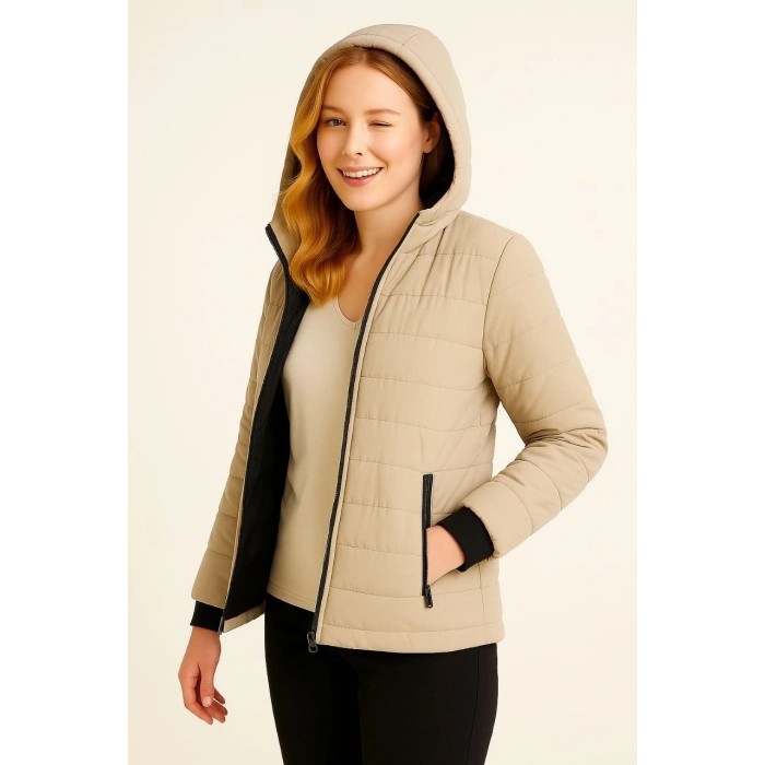 KADIN ŞİŞME KAPÜŞONLU FERMUARLI MONT SU İTİCİ KAPİTONE ASTARLI KUMAŞ CEPLİ KIŞLIK RAHAT KALIP - BEJ