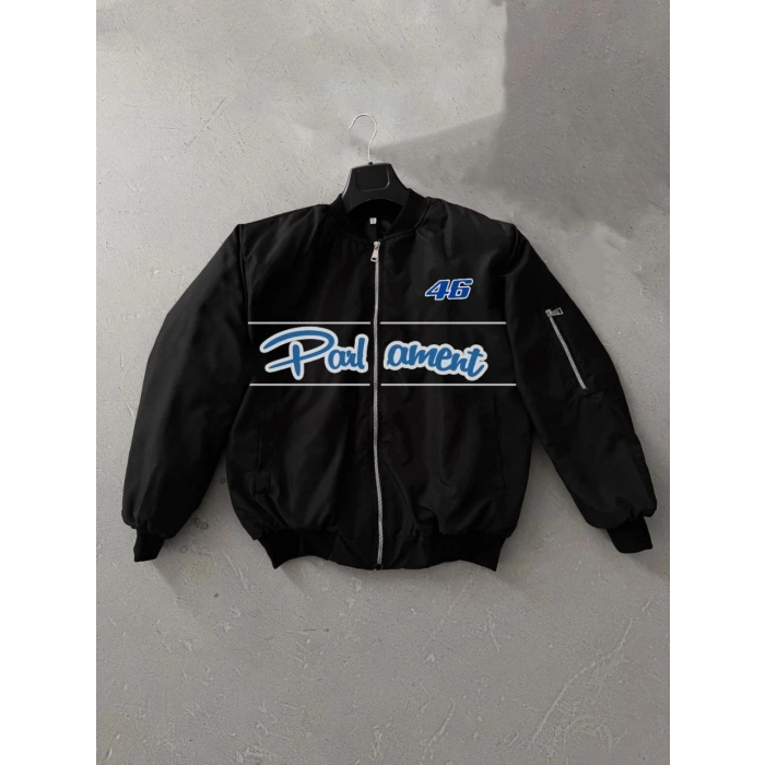 KADIN SİYAH BOMBER MONT – PARLİAMENT YAZILI, FERMUARLI CEPLİ, KAPİTONE ASTARLI OVERSİZE GÜNLÜK MONT - SİYAH