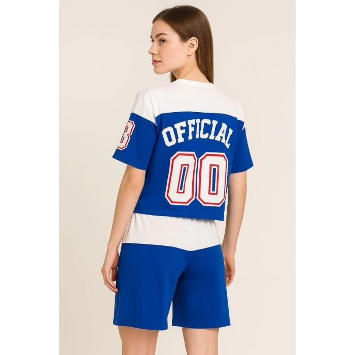 KADIN ŞORTLU TAKIM – OVERSİZE İKİ İPLİK KUMAŞ, ÖN & ARKA DİJİTAL BASKILI TİŞÖRT VE LASTİKLİ CEPLİ ŞORT, YAZLIK GÜNLÜK SPOR SET - MAVİ