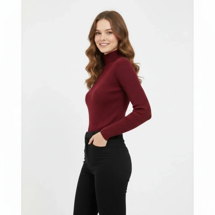 Kadın Tam Boğazlı Fitilli Likrali Koşkorse Badi - Bordo