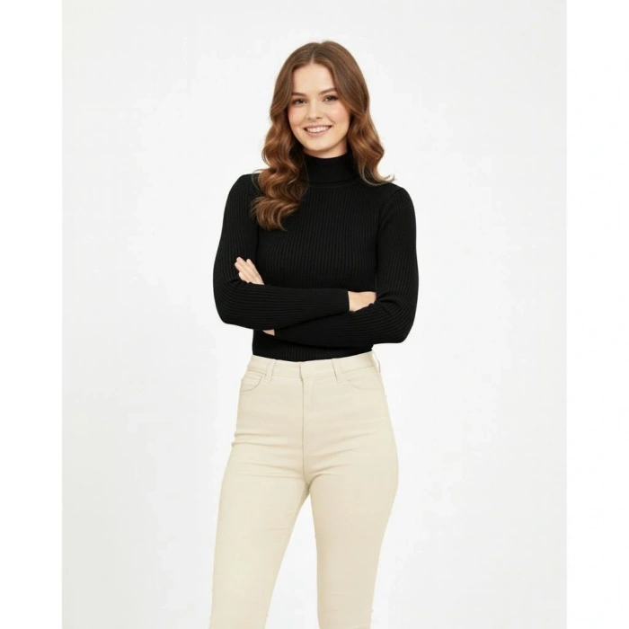 Kadın Tam Boğazlı Fitilli Likrali Koşkorse Badi - Siyah