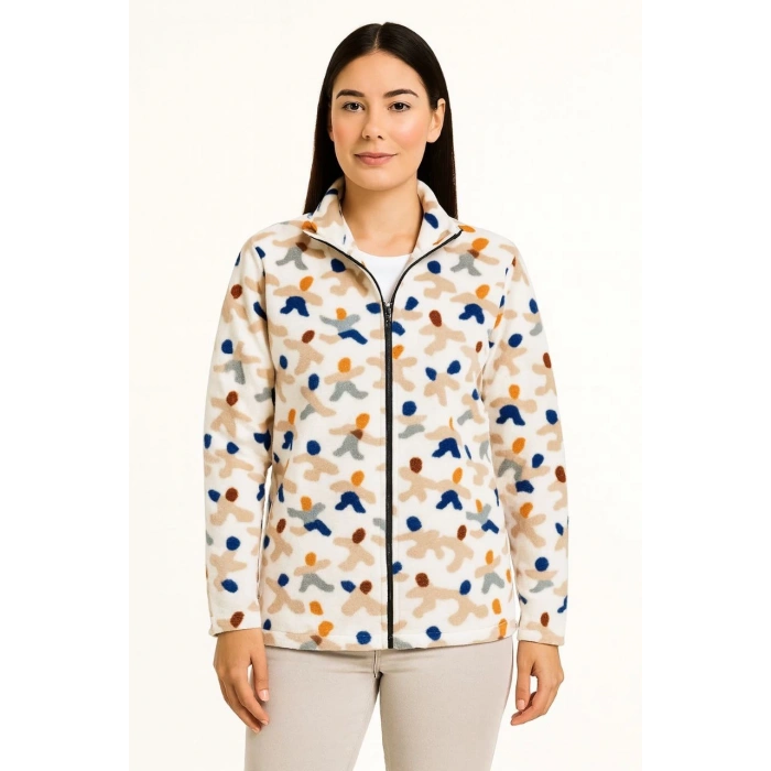 Kadın Tam Fermuarlı Desenli Polar Sweat – Siyah Multicolor Figür Desen Yakalı, Uzun Kollu, Oversize Rahat Kalıp - Beyaz