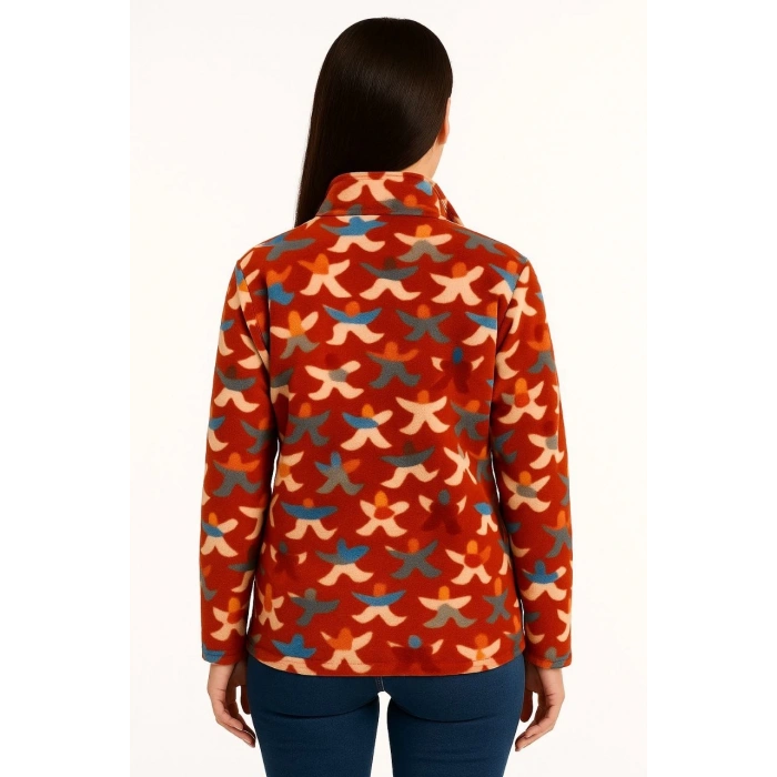 Kadın Tam Fermuarlı Desenli Polar Sweat – Siyah Multicolor Figür Desen Yakalı, Uzun Kollu, Oversize Rahat Kalıp - Kiremit