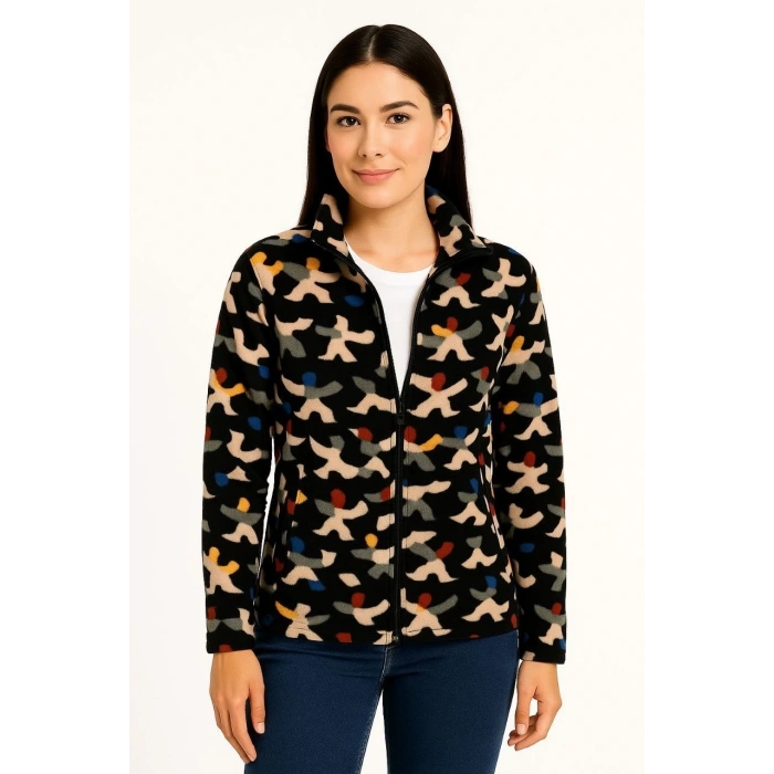 Kadın Tam Fermuarlı Desenli Polar Sweat – Siyah Multicolor Figür Desen Yakalı, Uzun Kollu, Oversize Rahat Kalıp - Siyah