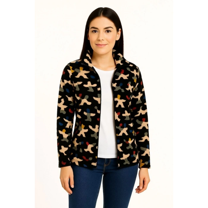 Kadın Tam Fermuarlı Desenli Polar Sweat – Siyah Multicolor Figür Desen Yakalı, Uzun Kollu, Oversize Rahat Kalıp - Siyah