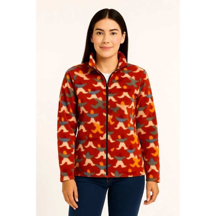 Kadın Tam Fermuarlı Desenli Polar Sweat – Siyah Multicolor Figür Desen Yakalı, Uzun Kollu, Oversize Rahat Kalıp - Kiremit