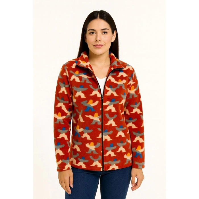 Kadın Tam Fermuarlı Desenli Polar Sweat – Siyah Multicolor Figür Desen Yakalı, Uzun Kollu, Oversize Rahat Kalıp - Kiremit