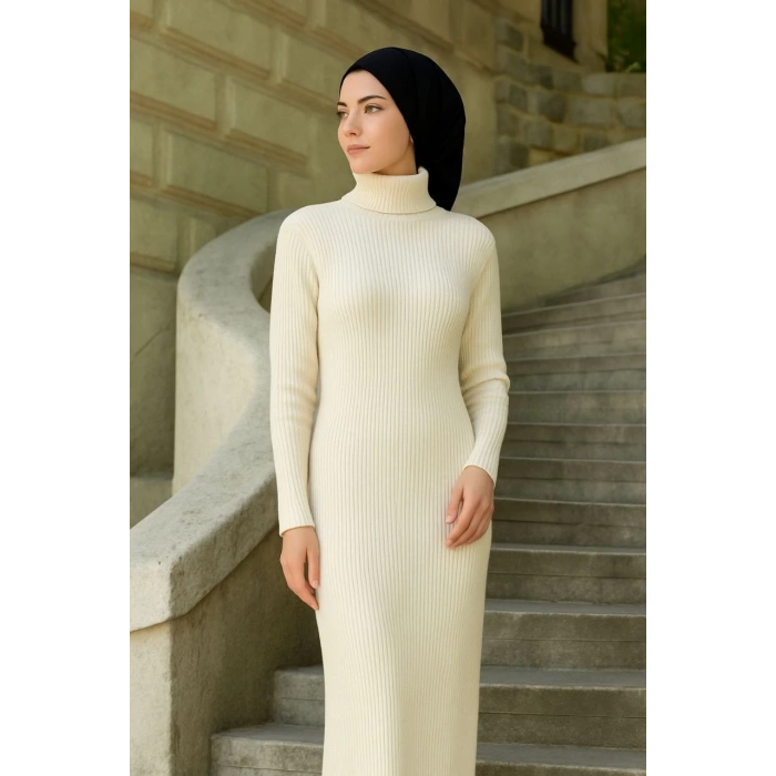 KADIN TESETTÜR TRİKO ELBİSE – BOĞAZLI UZUN FİTİLLİ DOKUMA, ESNEK TAM KALIP, 130 CM MİDİ BOY, BAHAR & KIŞ ŞIK RAHAT STİL - BEYAZ