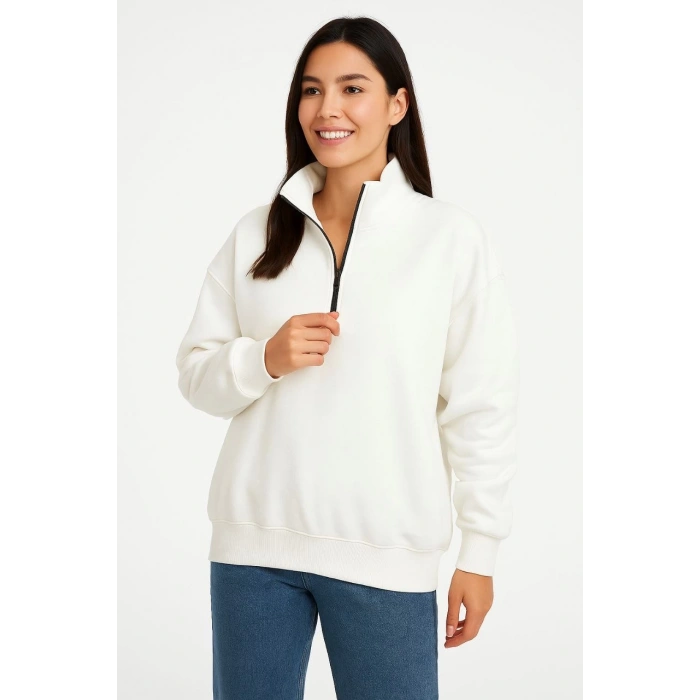 Kadın Üç İplik Dık Yaka Yarım Fermuarlı SweatShirt - Beyaz