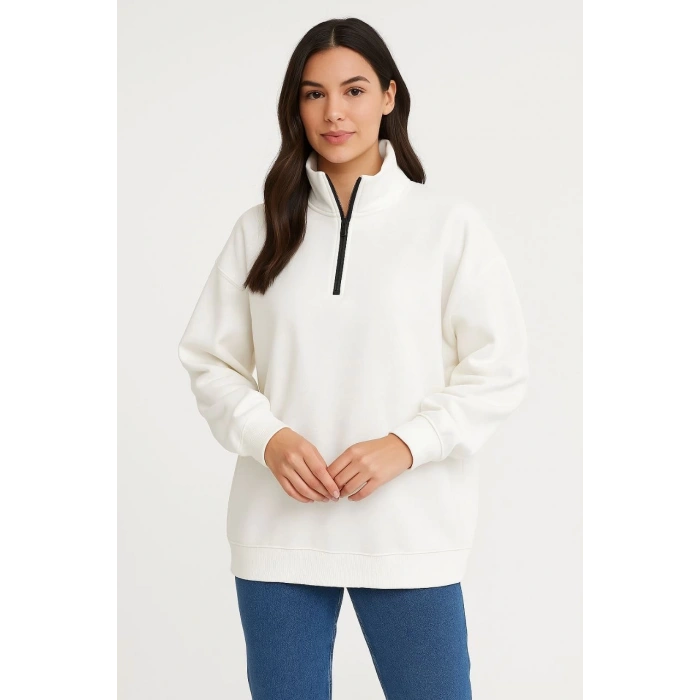 Kadın Üç İplik Dık Yaka Yarım Fermuarlı SweatShirt - Beyaz