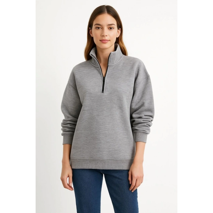 Kadın Üç İplik Dık Yaka Yarım Fermuarlı SweatShirt - Gri