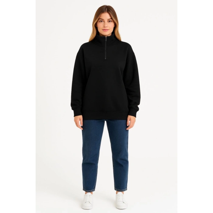 Kadın Üç İplik Dık Yaka Yarım Fermuarlı SweatShirt - Siyah