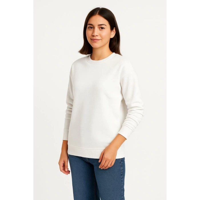 Kadın Üç İplik Düz Bisiklet Yaka SweatShirt - Beyaz