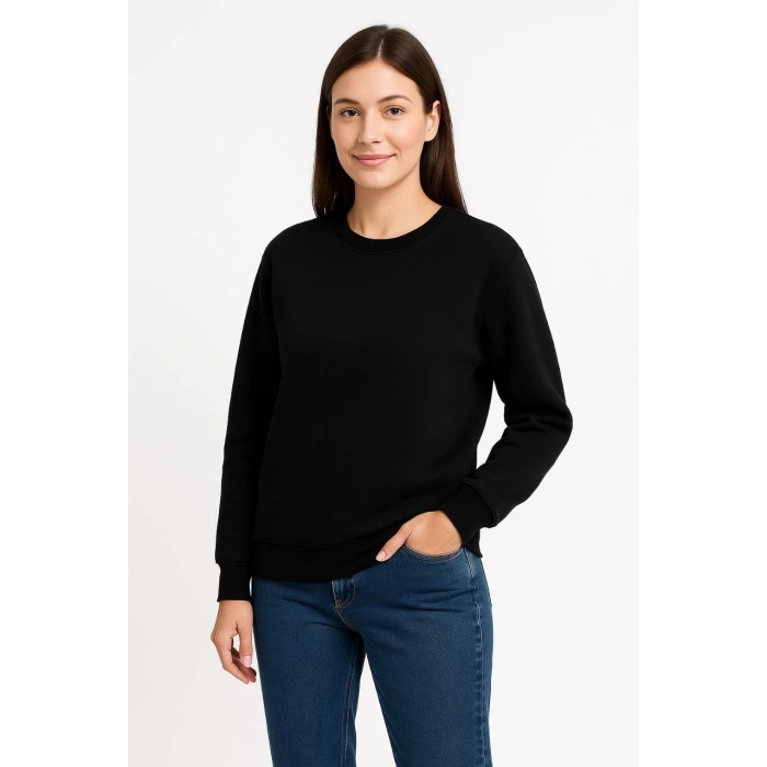 Kadın Üç İplik Düz Bisiklet Yaka SweatShirt - Siyah