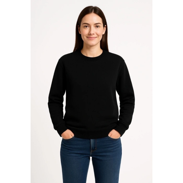 Kadın Üç İplik Düz Bisiklet Yaka SweatShirt - Siyah