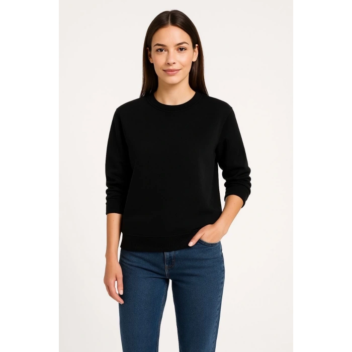 Kadın Üç İplik Düz Bisiklet Yaka SweatShirt - Siyah