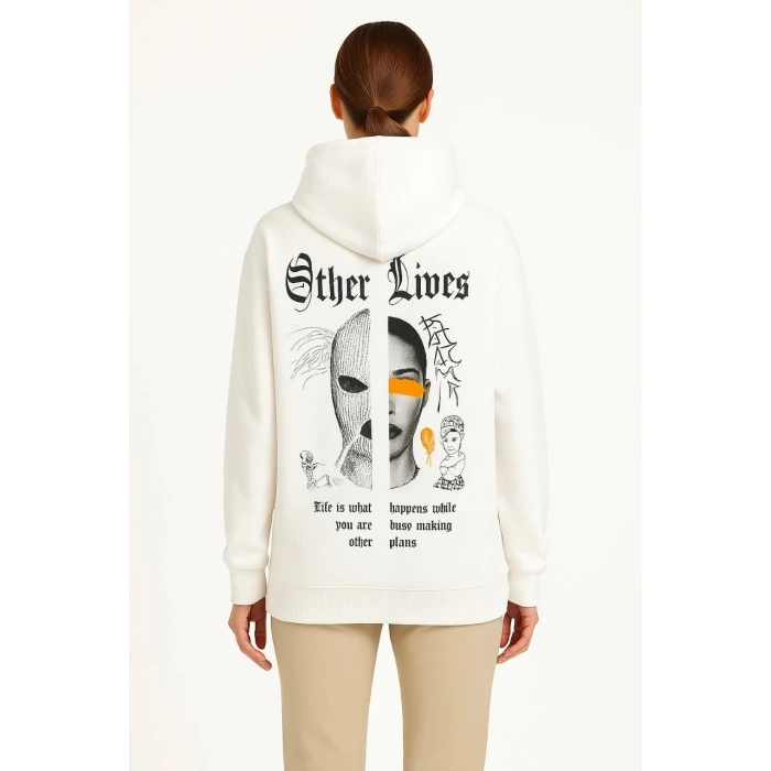 Kadın Kapşonlu Sweatshirt – Oversize Üç İplik Şardonlu Hoodie, “Other Lives” Ön & Arka Baskılı, Kanguru Cepli, Kışlık Rahat Günlük Stil - Beyaz