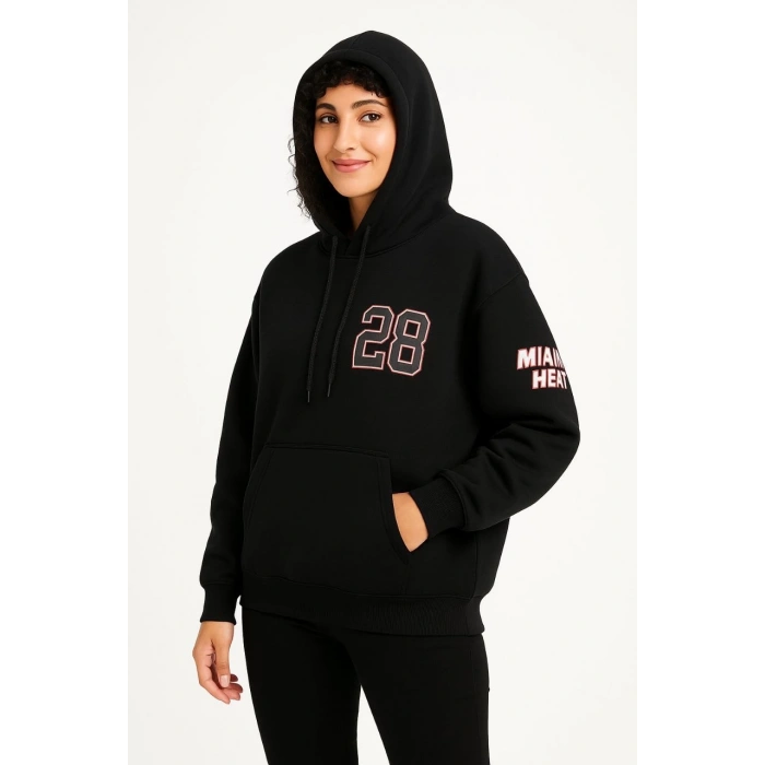Kadın Üç İplik Kapüşonlu Ön ve Arka Baskılı SweatShirt hoodie - Siyah
