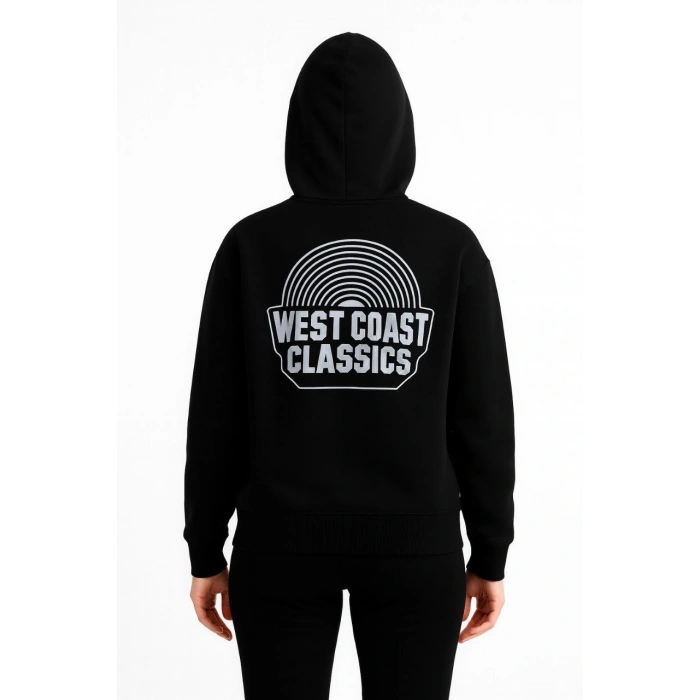 Kadın Kapşonlu Sweatshirt – Oversize Üç İplik Şardonlu Hoodie, “West Coast Classics” Ön & Arka Baskılı, Kanguru Cepli Kışlık Günlük Stil - Siyah