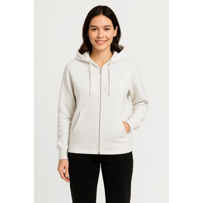 Kadın Üç İplik Kapüşonlu Tam Fermuarlı Kanguru Çepli SweatShirt Hoodie - Beyaz