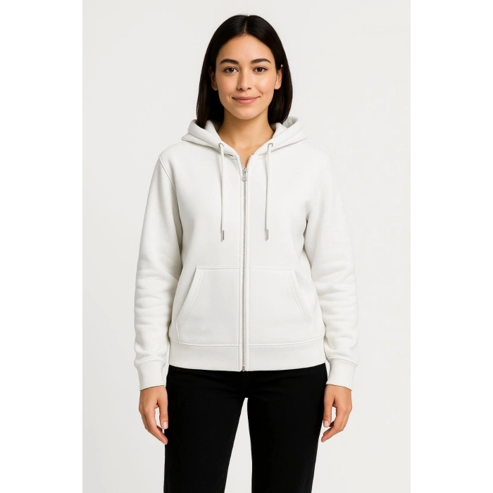 Kadın Üç İplik Kapüşonlu Tam Fermuarlı Kanguru Çepli SweatShirt Hoodie - Beyaz