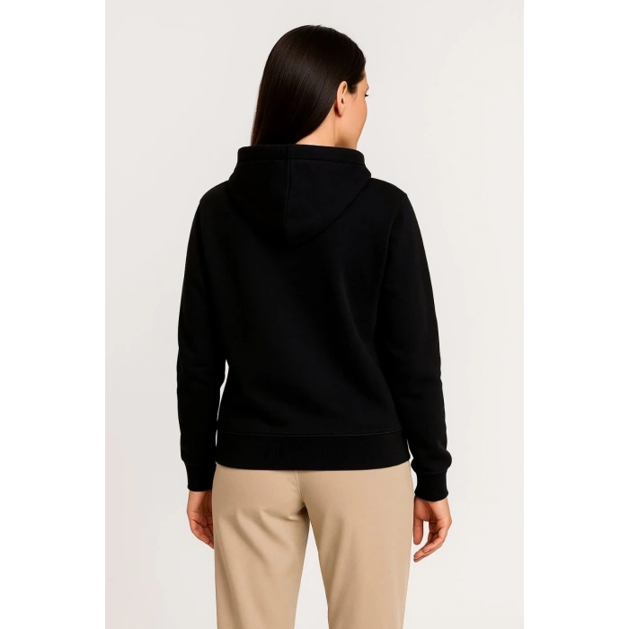 Kadın Üç İplik Kapüşonlu Tam Fermuarlı Kanguru Çepli SweatShirt Hoodie - Siyah